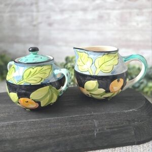 Favanol Martinique Hand Painted Sugar Bowl with Lid & Creamer Set